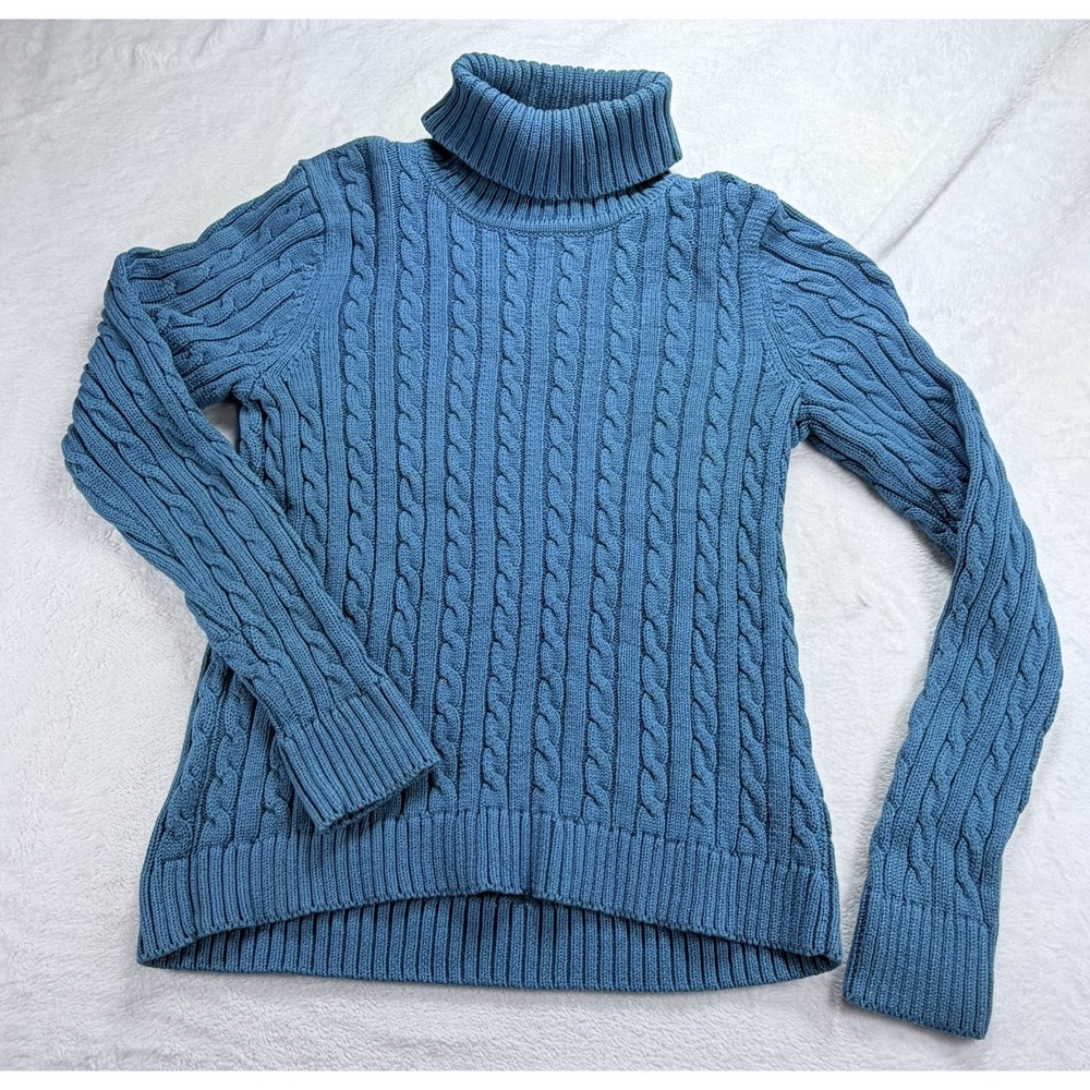 L.L. Bean Women's Medium Cable Knit Cotton Turtleneck Sweater 267611 Teal Blue